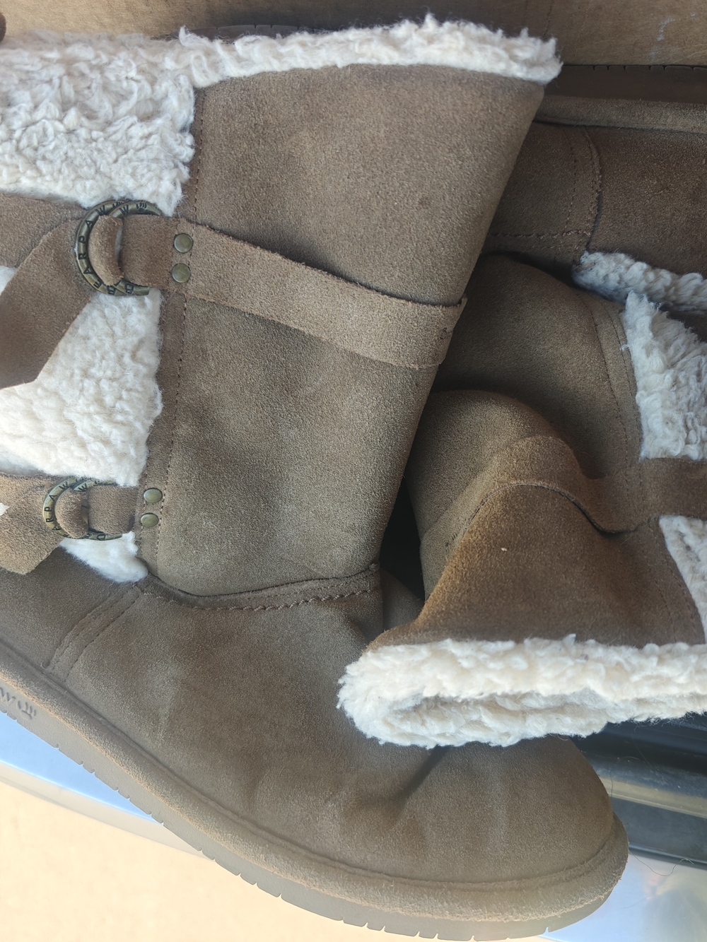 BearPaw Chestnut Brown Suede Ankle Boots with Cream Faux-Shearling
